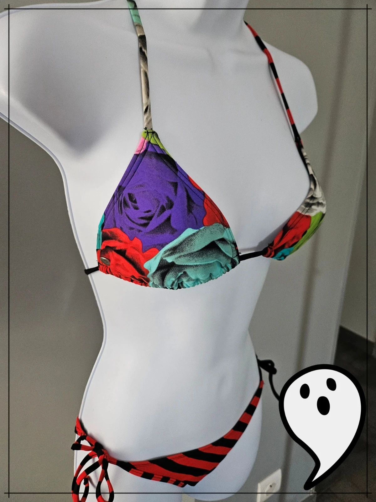 Volcom swimsuit bikini set red and black stripe and colorful floral – photo 3